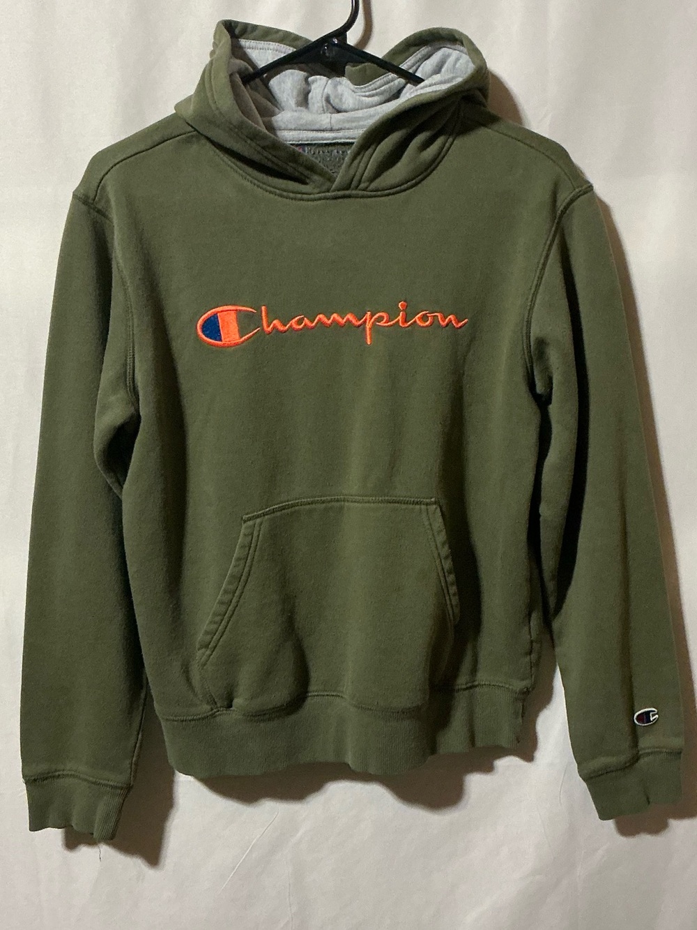 Champion Olive Green Crewneck Hoodie with Orange Logo